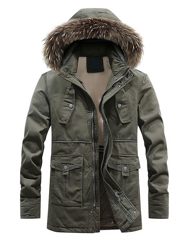 Fur Hooded Plain Zipper Pocket Mens Winter Jacket