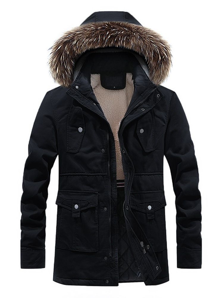 Fur Hooded Plain Zipper Pocket Mens Winter Jacket