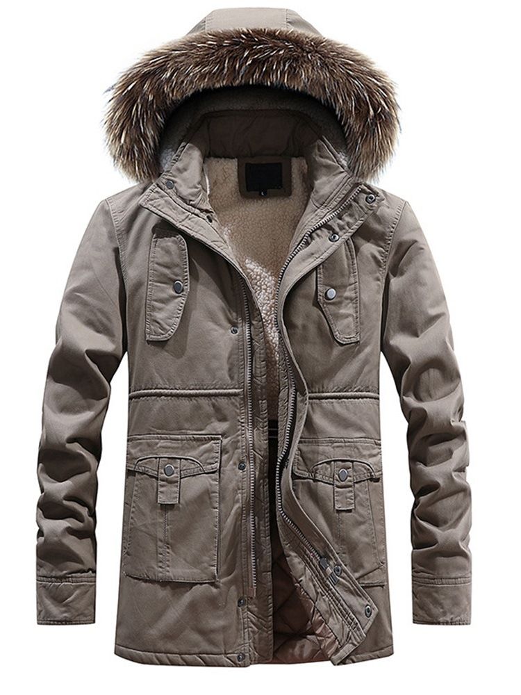 Fur Hooded Plain Zipper Pocket Mens Winter Jacket