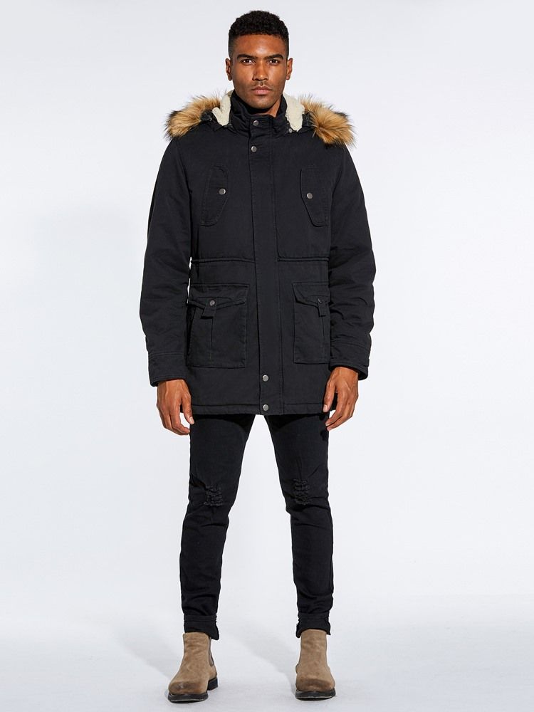 Fur Hooded Plain Zipper Pocket Mens Winter Jacket