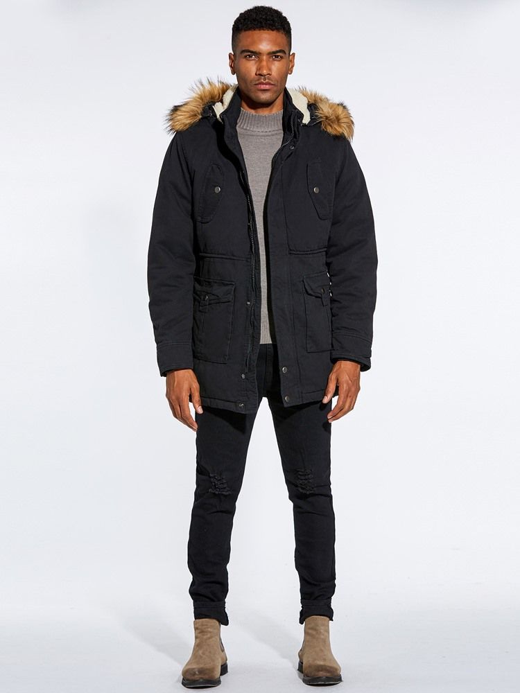 Fur Hooded Plain Zipper Pocket Mens Winter Jacket