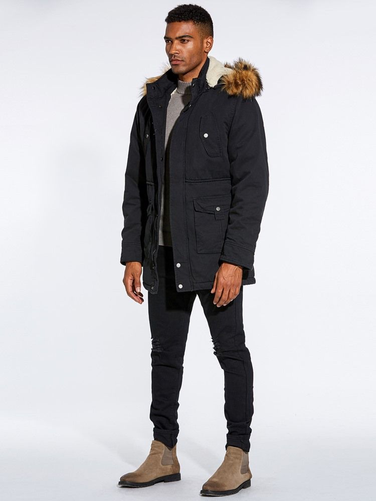 Fur Hooded Plain Zipper Pocket Mens Winter Jacket