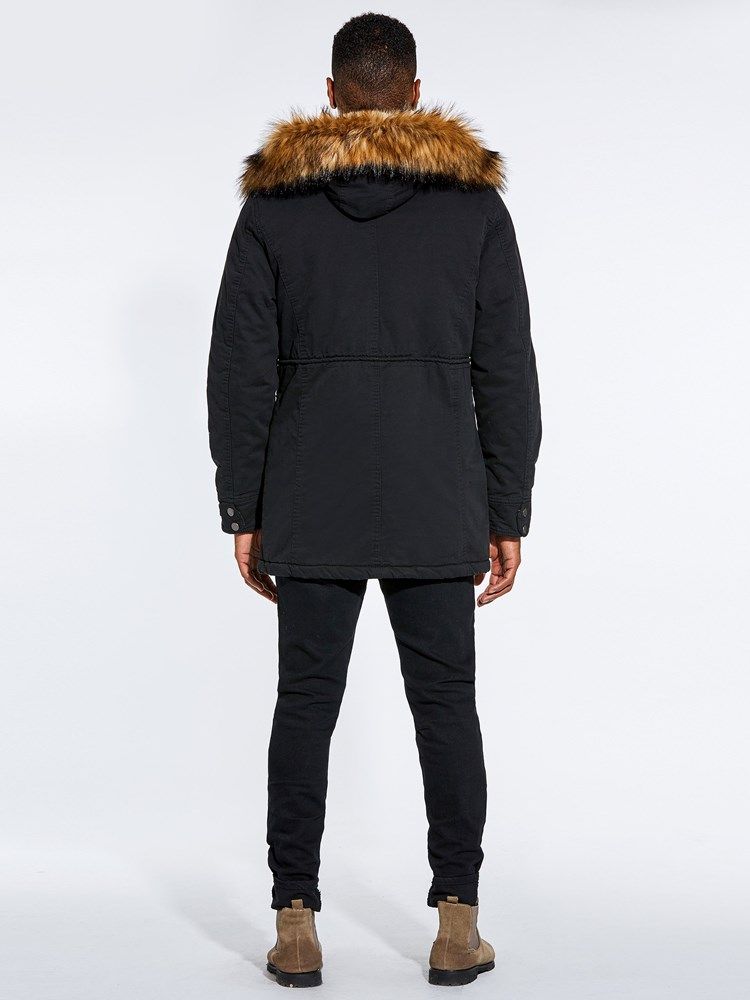 Fur Hooded Plain Zipper Pocket Mens Winter Jacket