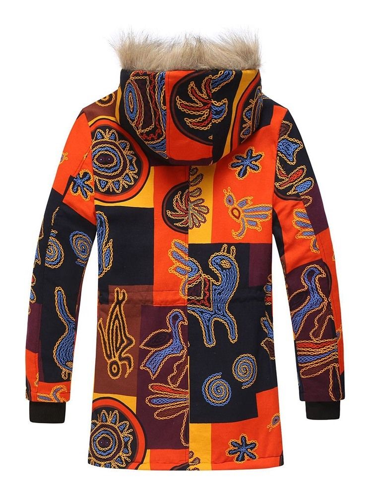 Hooded Print Mid-length Single-breasted Casual Down Herre Jacket