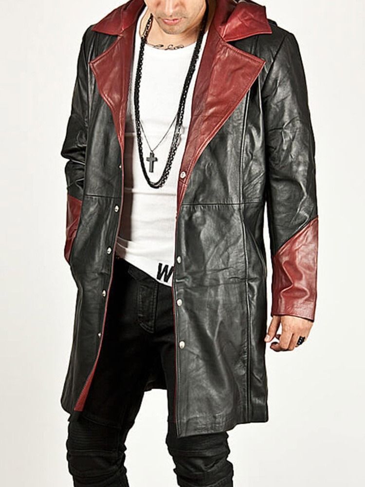 Mid-length Hooded Color Block European Leather Leather Jacket For Menn