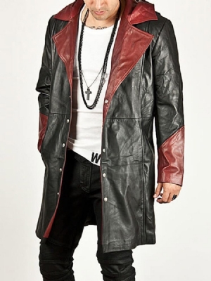 Mid-length Hooded Color Block European Leather Leather Jacket For Menn