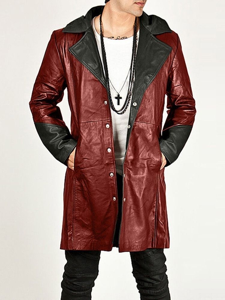 Mid-length Hooded Color Block European Leather Leather Jacket For Menn