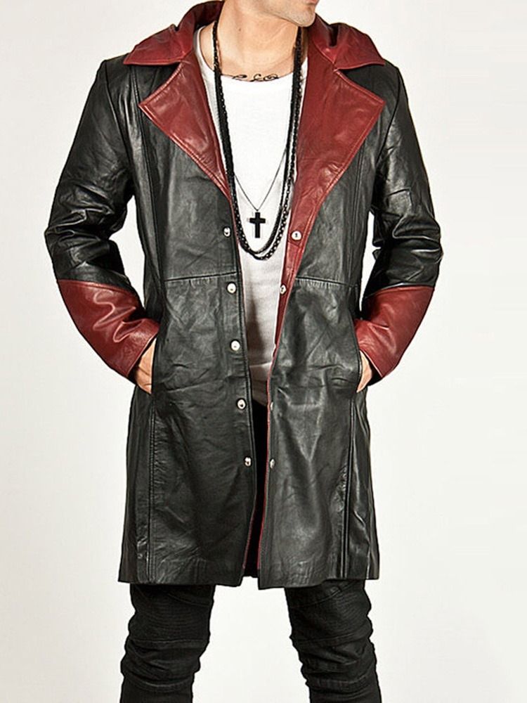 Mid-length Hooded Color Block European Leather Leather Jacket For Menn