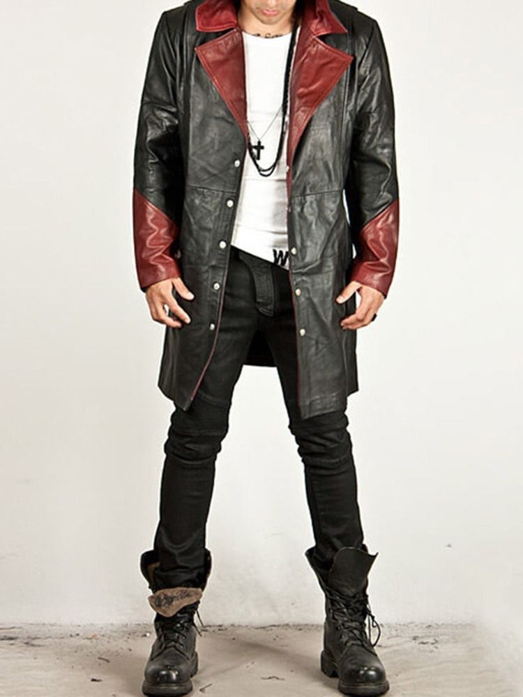 Mid-length Hooded Color Block European Leather Leather Jacket For Menn