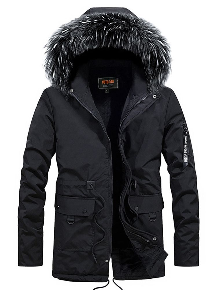 Plain Fur Hooded Mid-length Pocket Mens Casual Down Jacket