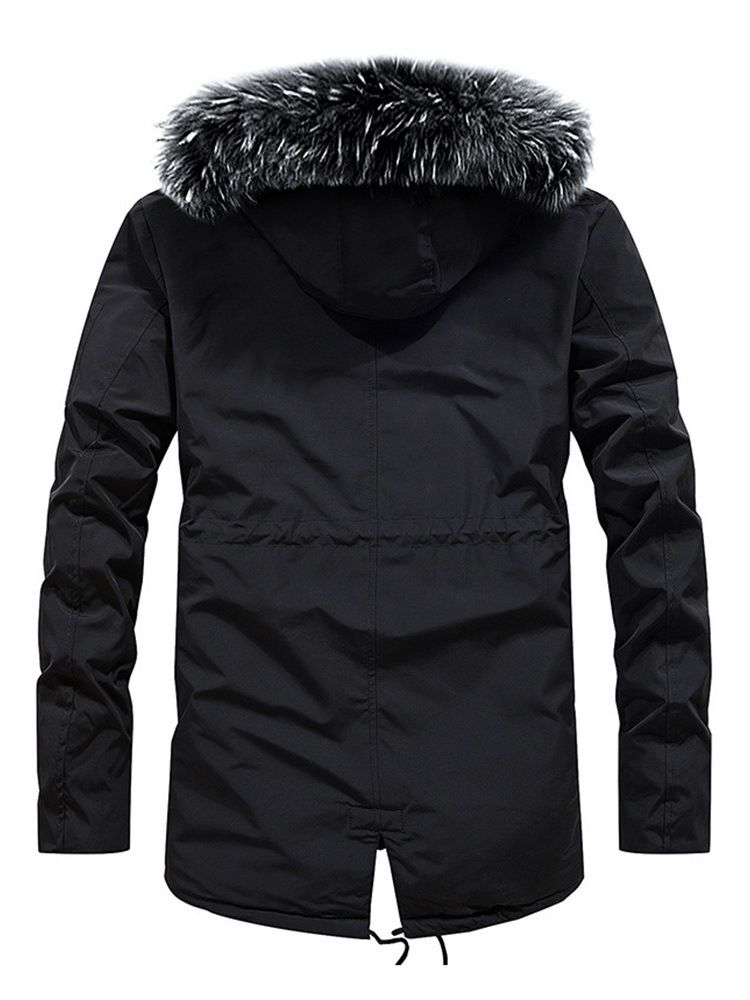 Plain Fur Hooded Mid-length Pocket Mens Casual Down Jacket