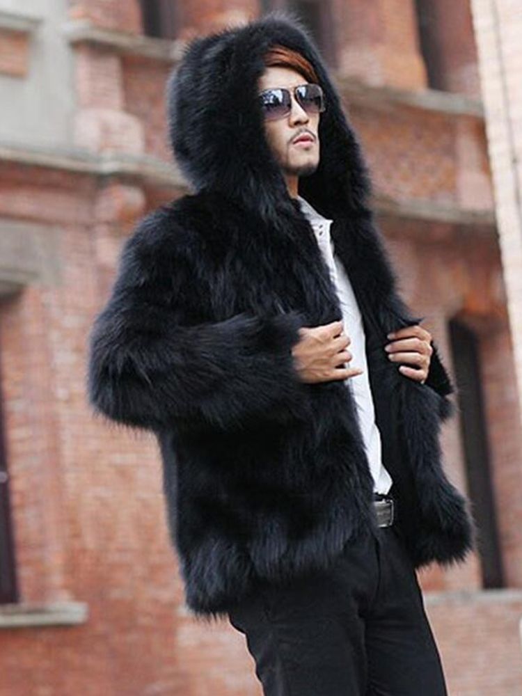 Plain Fur Hooded Thicken Warm Vogue Menns Vinterfrakk