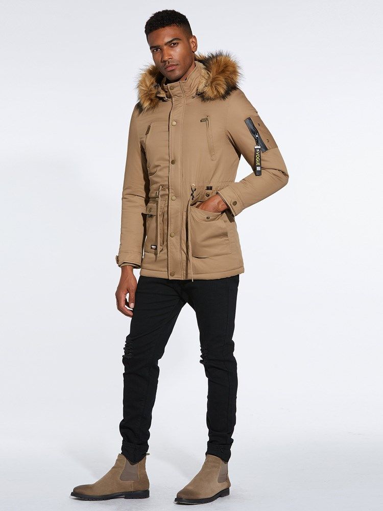 Plain Lace Up Fur Hooded Glidelås Button Herre Tykke Vinterfrakker