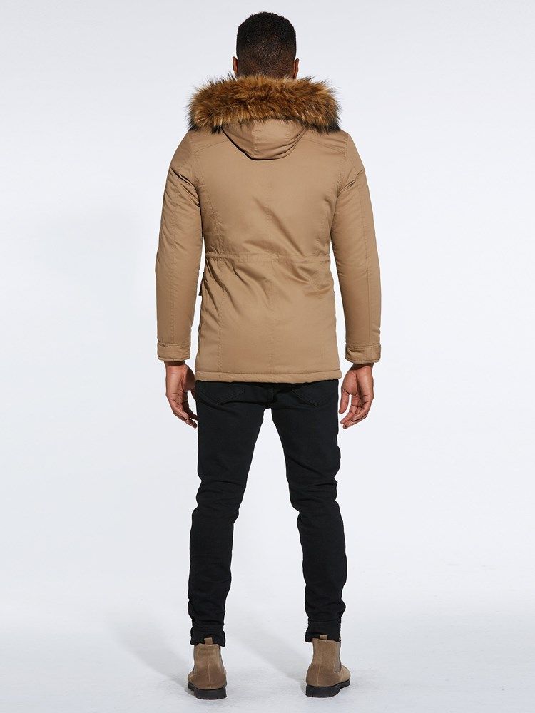 Plain Lace Up Fur Hooded Glidelås Button Herre Tykke Vinterfrakker