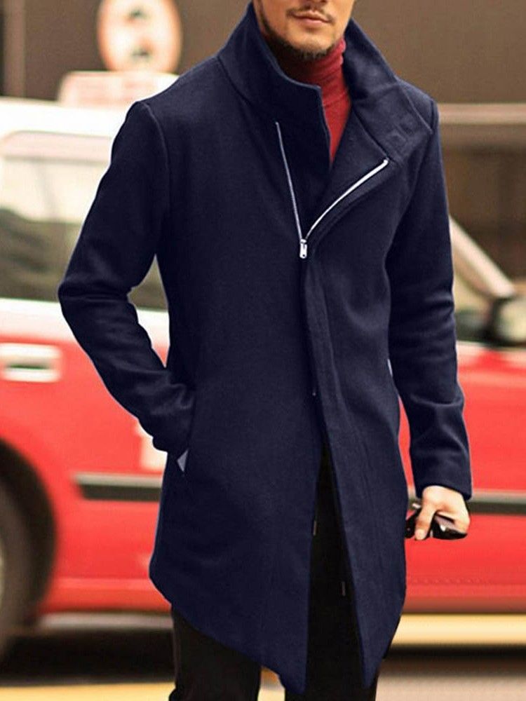 Plain Pocket Mid-length Style Slim Korean Herre Coat