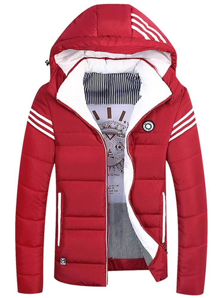 Striped Hooded Thick Mens Zipper Down Jacket