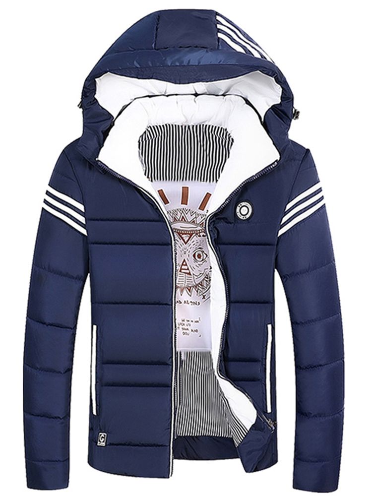 Striped Hooded Thick Mens Zipper Down Jacket