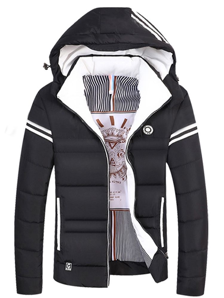 Striped Hooded Thick Mens Zipper Down Jacket