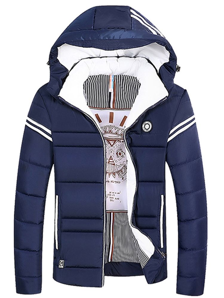 Striped Hooded Thick Mens Zipper Down Jacket