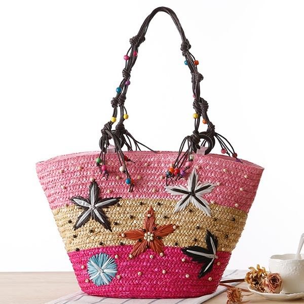 Bohemian Starfish Embroidery Straw Handbag