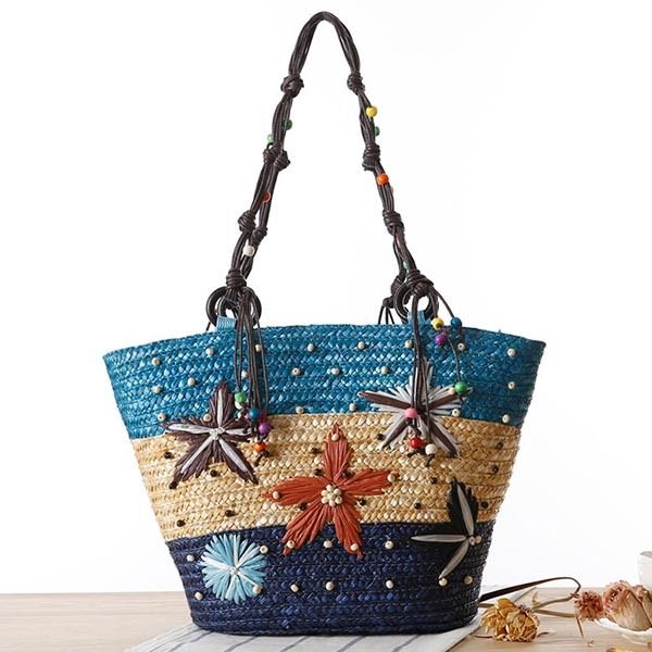 Bohemian Starfish Embroidery Straw Handbag