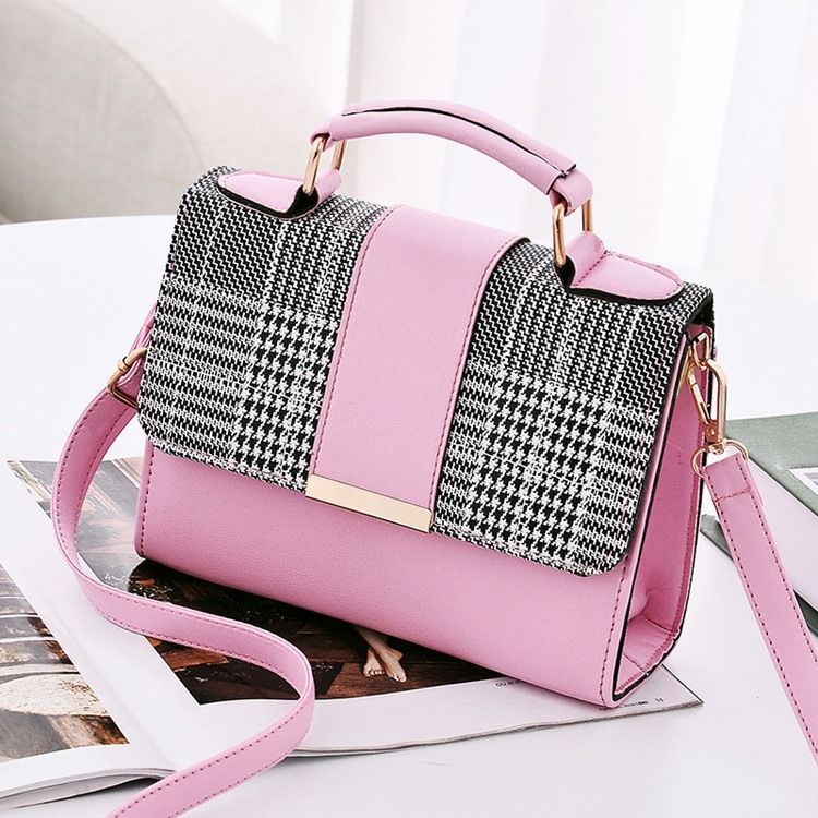 Color Block Pu Houndstooth Firkantet Stoffvesker