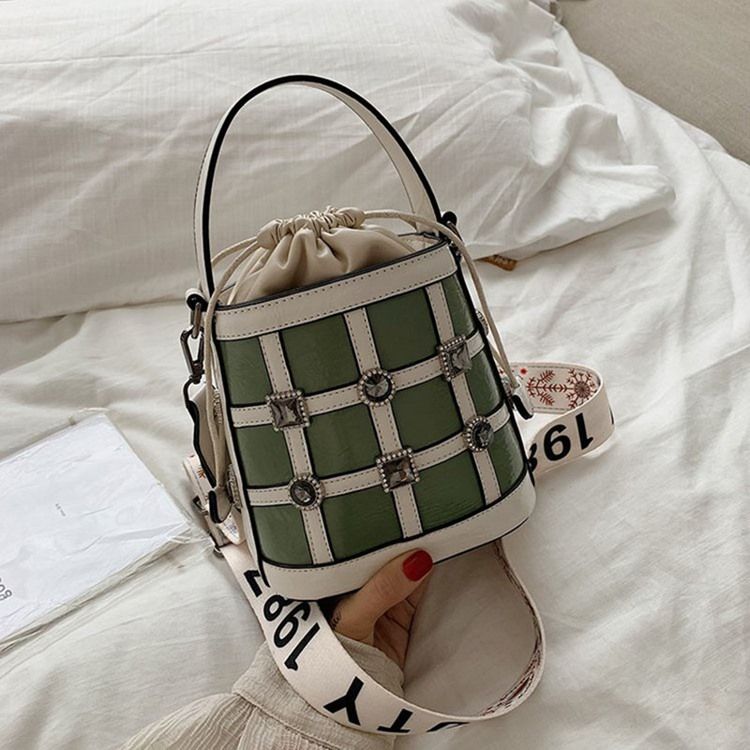 Plaid Rhinestone Barrel-shaped Tote Bags