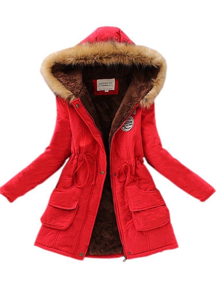 Kvinne Faux Fur Fleece Hooded Cotton Coat