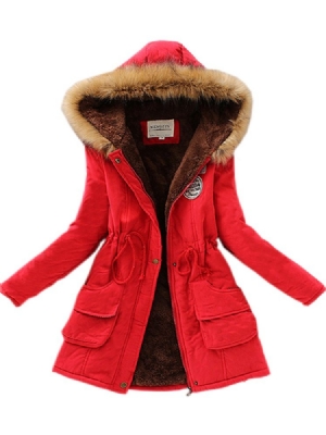 Kvinne Faux Fur Fleece Hooded Cotton Coat