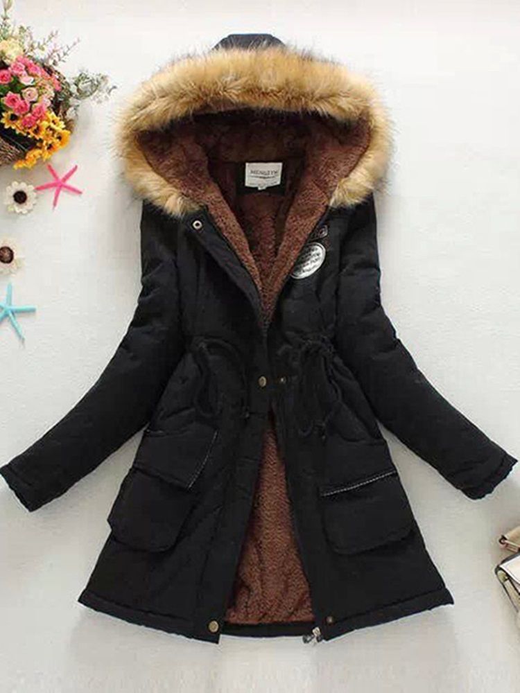 Kvinne Faux Fur Fleece Hooded Cotton Coat