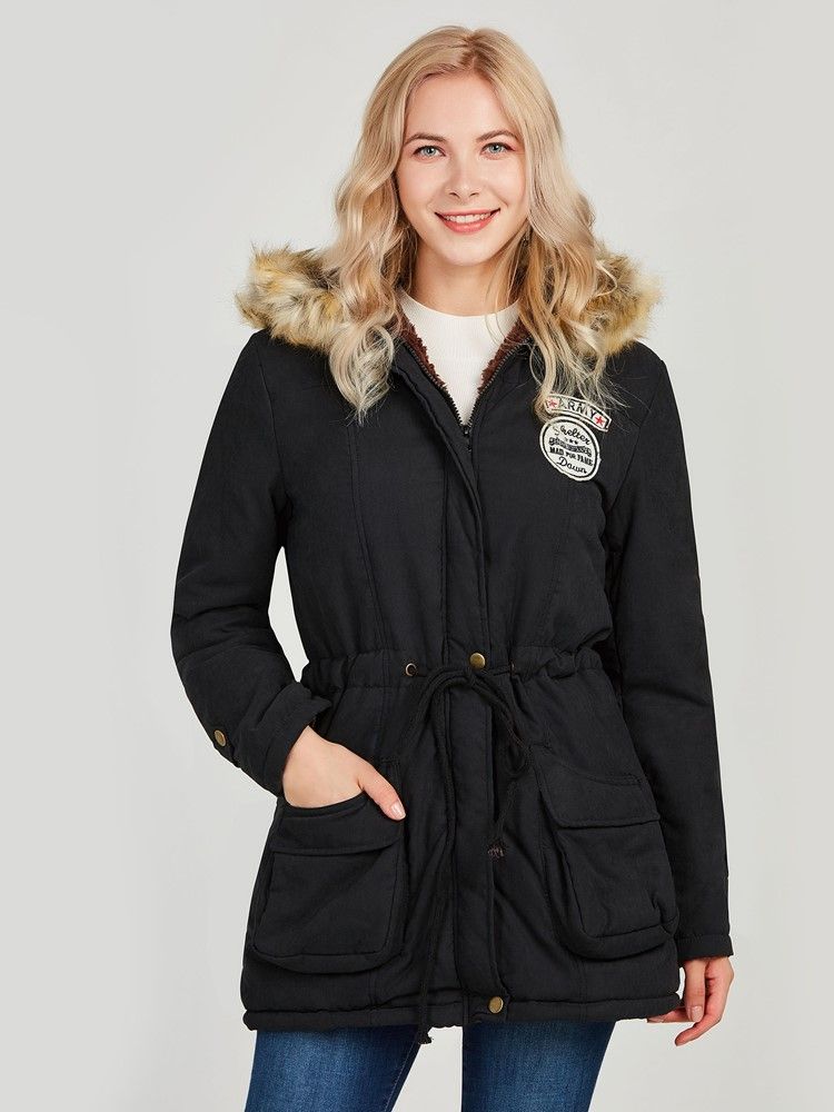 Kvinne Faux Fur Fleece Hooded Cotton Coat