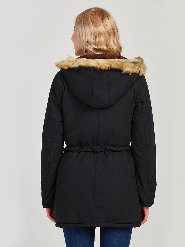 Kvinne Faux Fur Fleece Hooded Cotton Coat