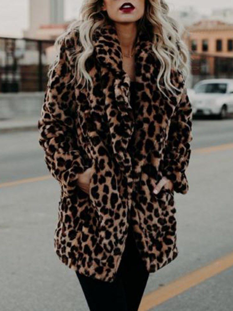 Kvinner Leopard Sexy Mid-lengde Print Lange Ermer Frakk