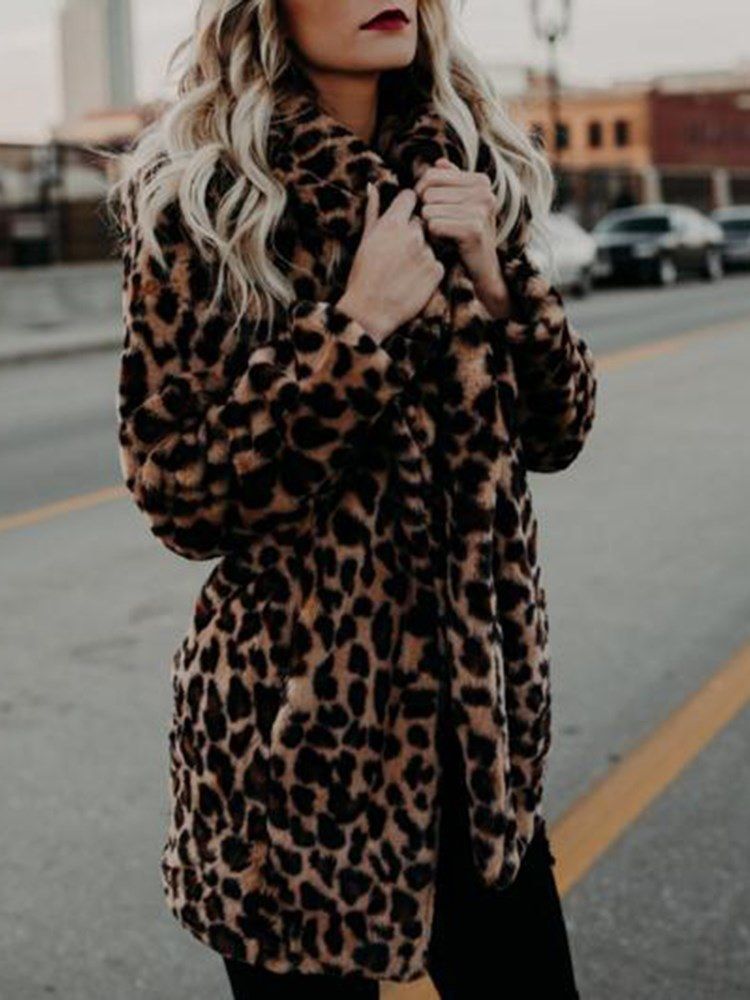 Kvinner Leopard Sexy Mid-lengde Print Lange Ermer Frakk