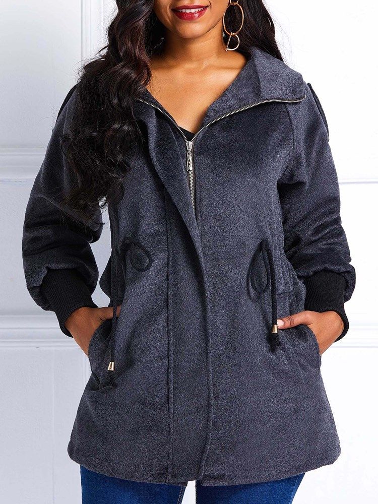 Kvinner Straight Glidelås Fall Hooded Overcoat