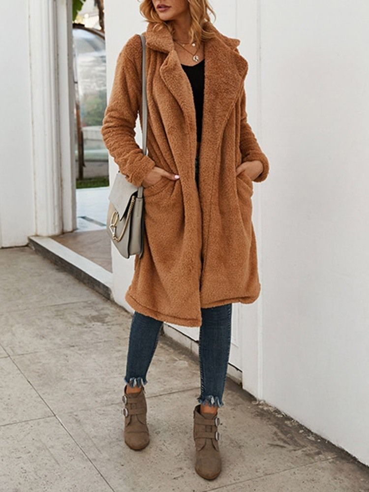 Long Plain Lapel Loose Faux Fur Overcoat For Kvinner