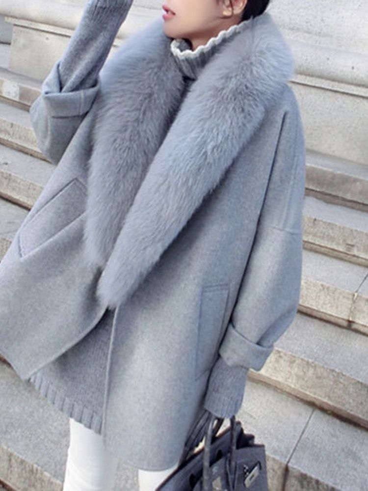 Loose Plain Lapel Patchwork Faux Fur Coat For Kvinner