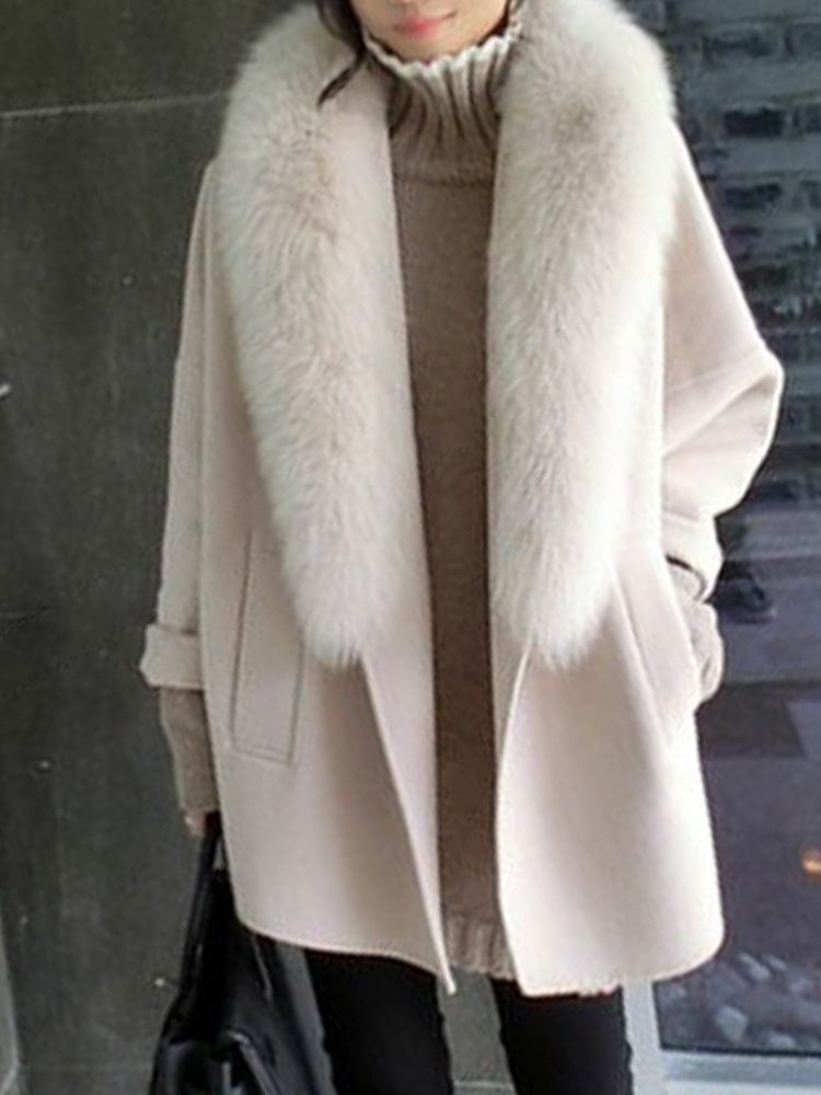 Loose Plain Lapel Patchwork Faux Fur Coat For Kvinner