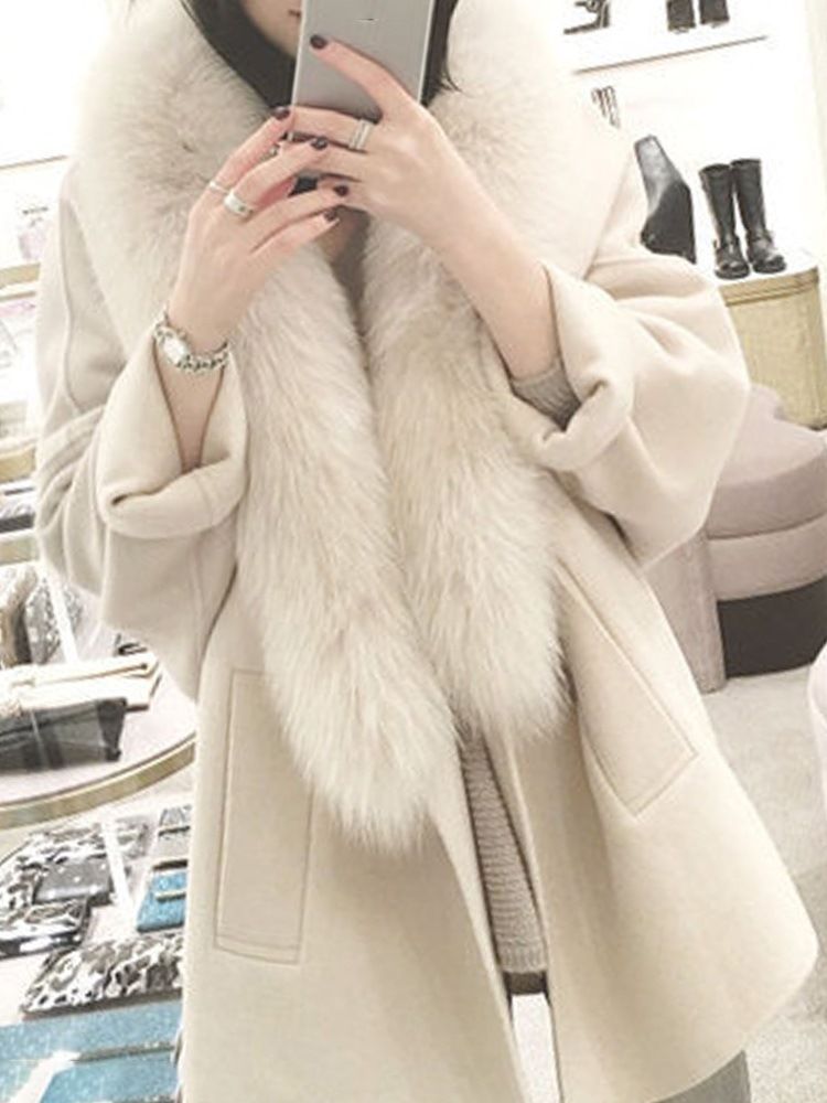 Loose Plain Lapel Patchwork Faux Fur Coat For Kvinner