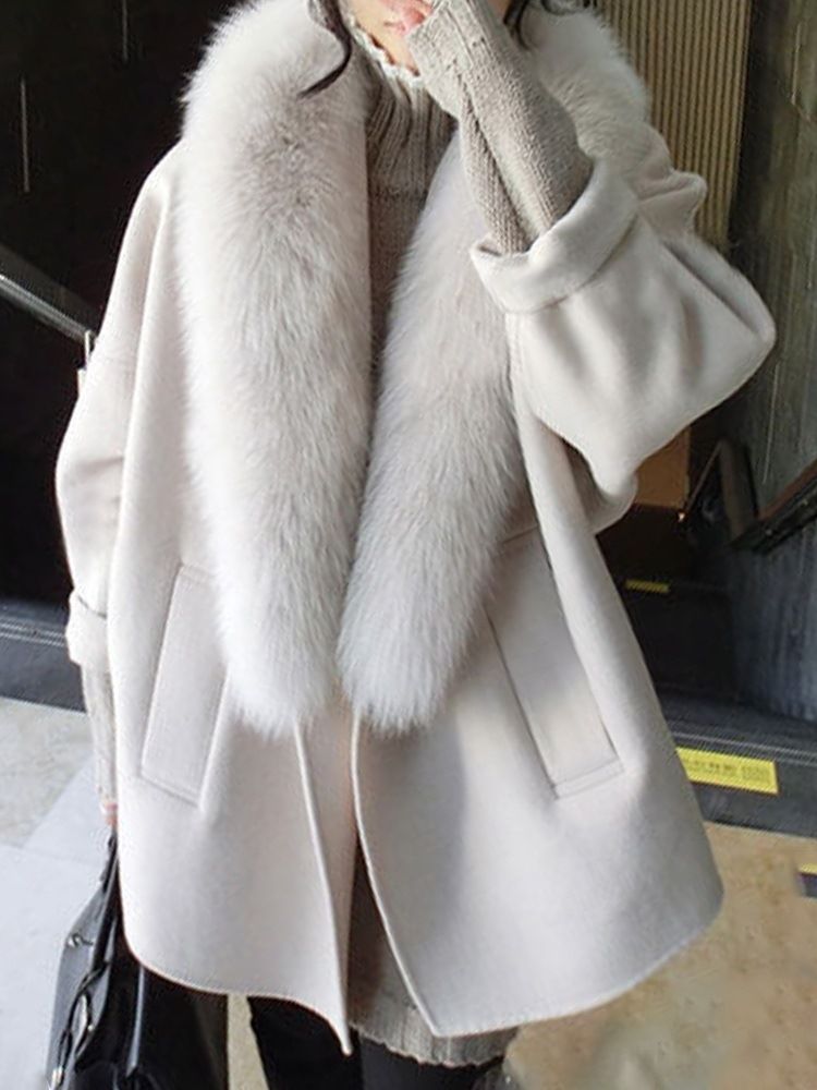 Loose Plain Lapel Patchwork Faux Fur Coat For Kvinner