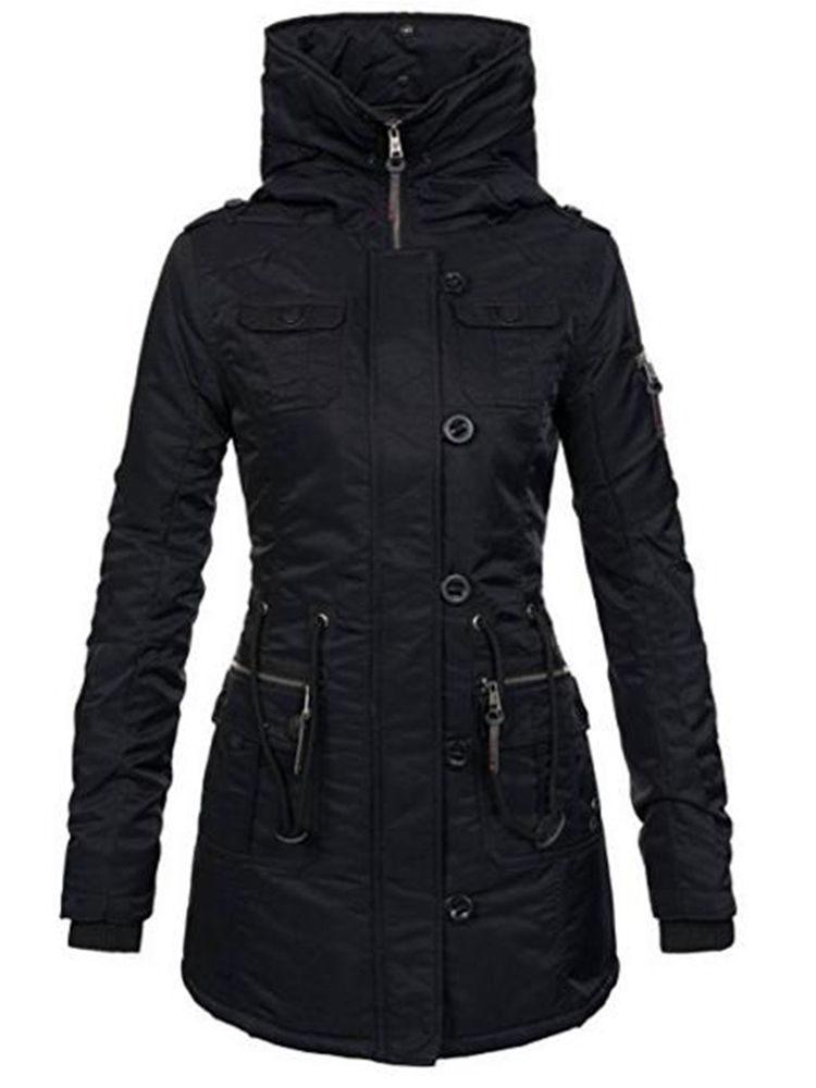 Plain Mid-length Slim Hooded Dame Coat