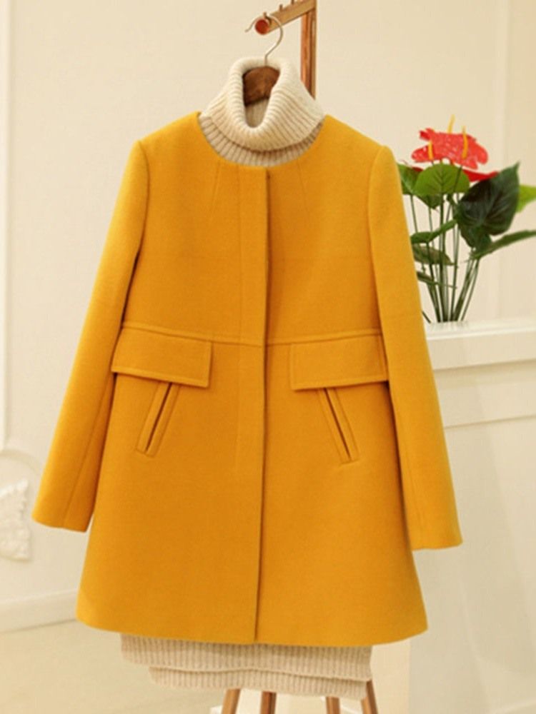 Single-breasted A Line Regular Mid-length Round Neck Dame Overcoat