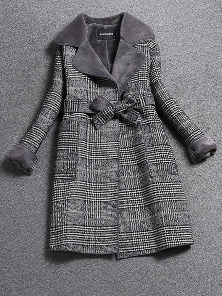 Slim Lace-up Regular Notched Lapel Mid-length Dame Overcoat