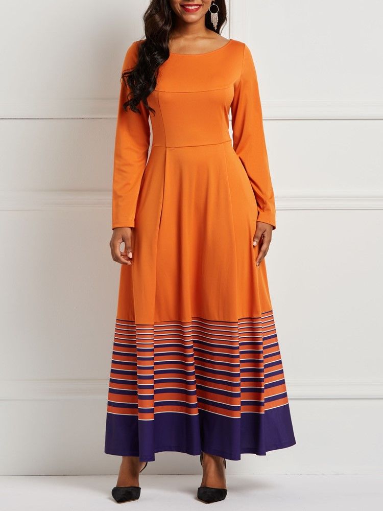 A-line Pullover Orange Stripe Print Pocket Dame Dress