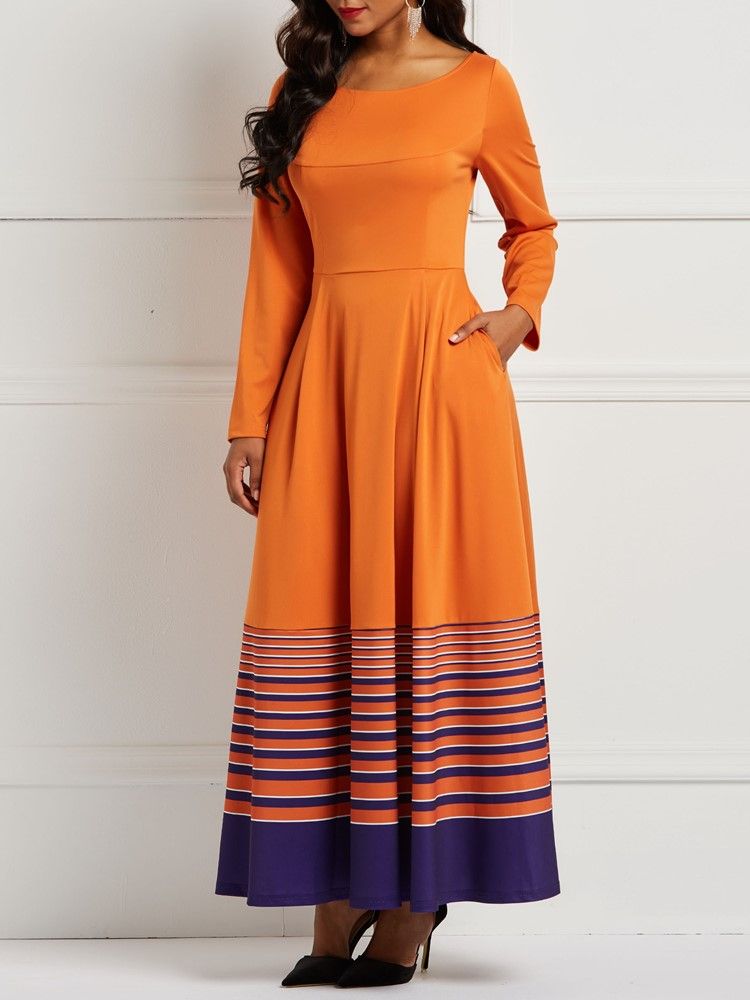 A-line Pullover Orange Stripe Print Pocket Dame Dress