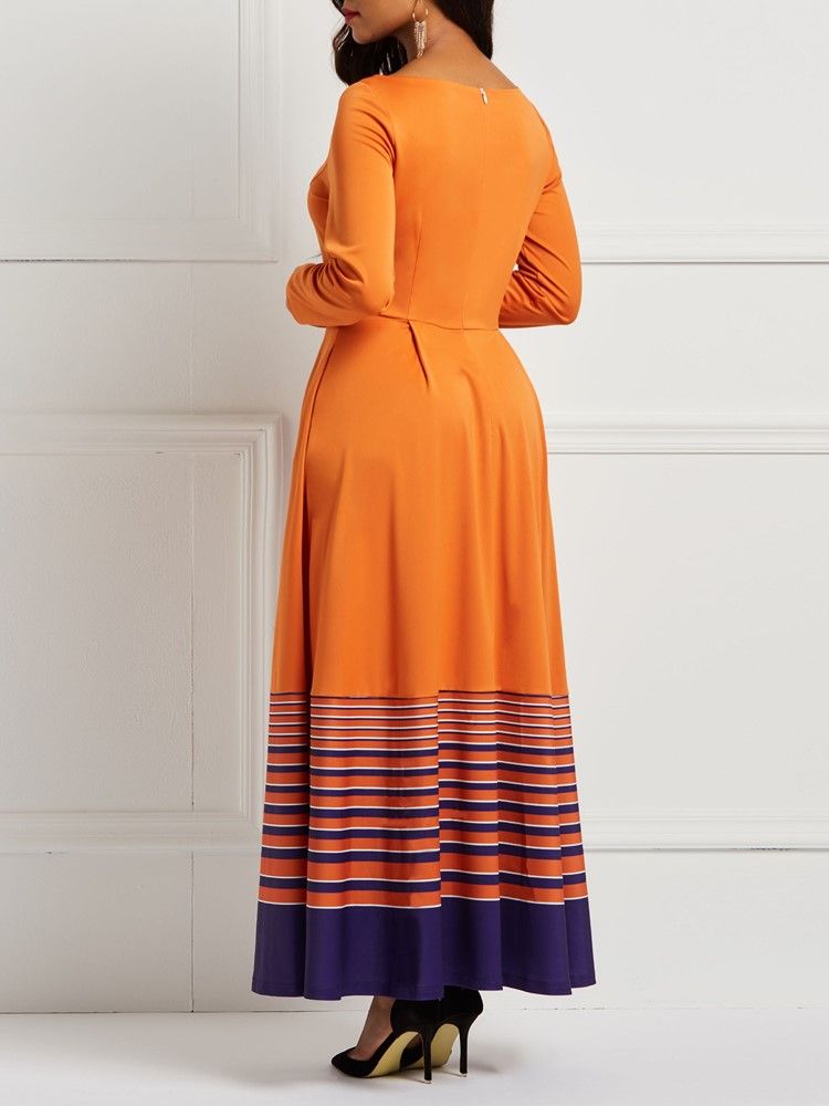 A-line Pullover Orange Stripe Print Pocket Dame Dress