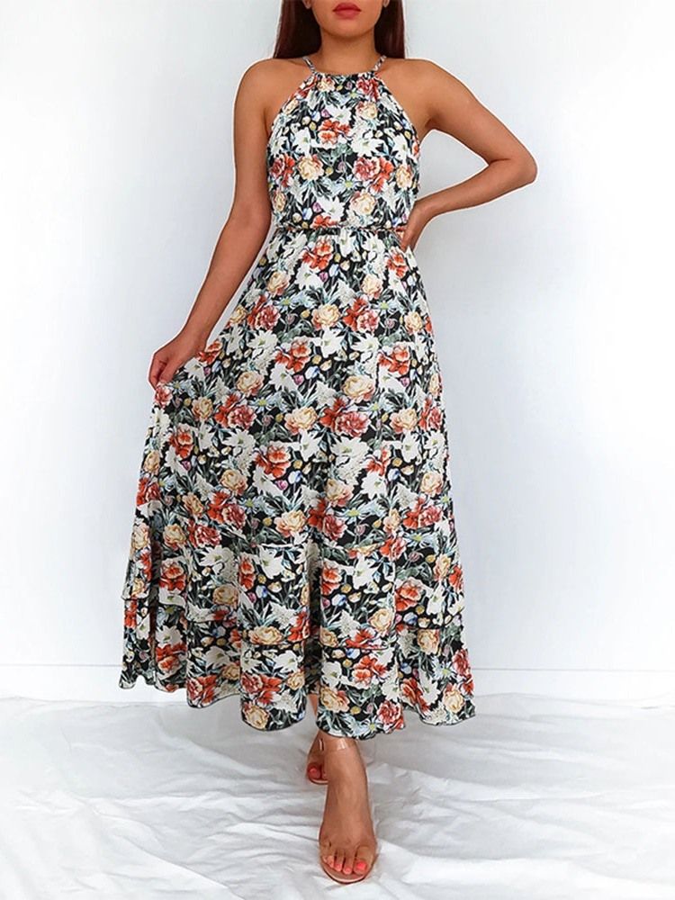 Ankel-lengde Ermeløs Trykk Floral Pullover Floral Maxi Dress Beach Kjoler For Kvinner