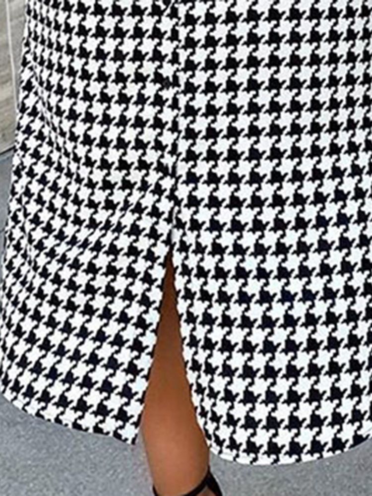 Kvinne Mid-calf Print Kort Ermet Houndstooth-kjole