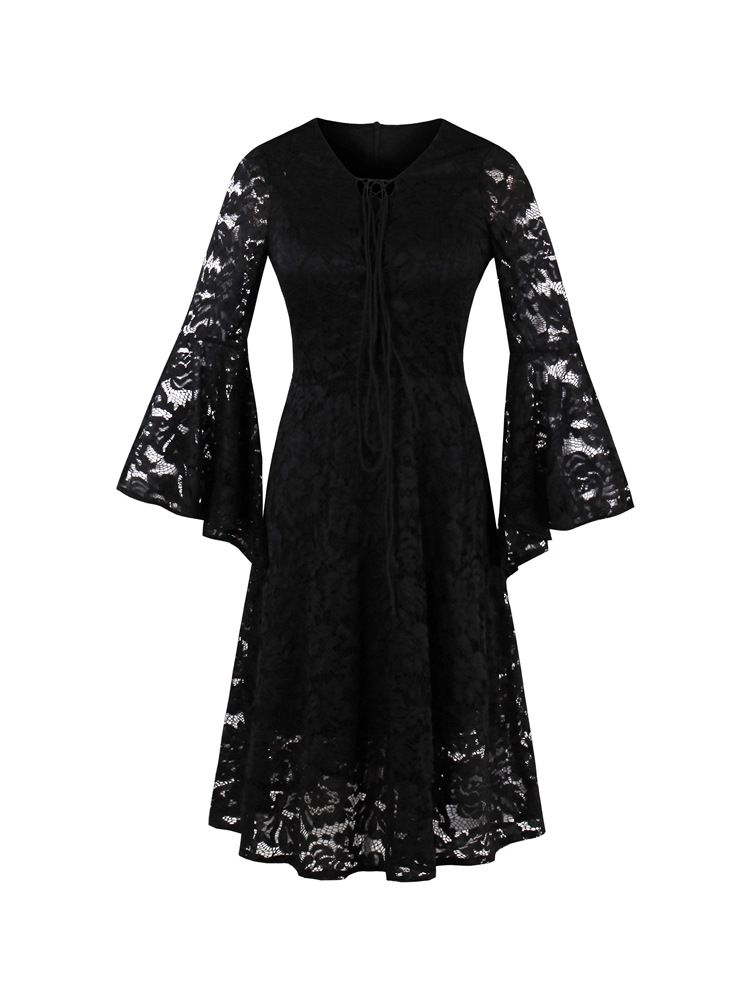 Kvinner Lace Holow Flare Sleeve A Line Little Black Dress