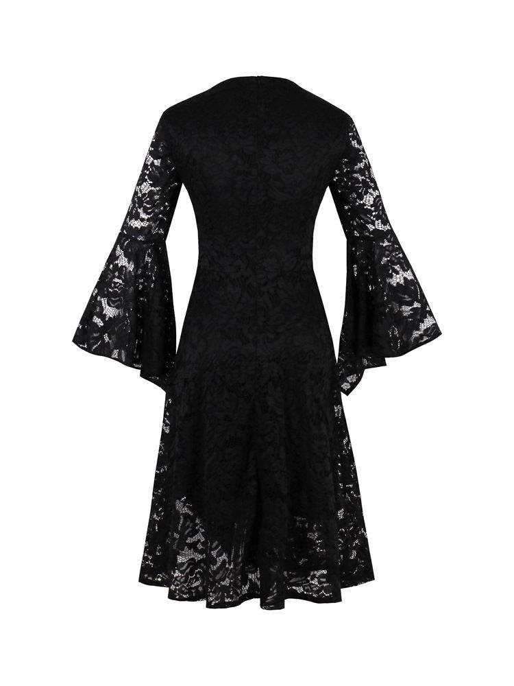 Kvinner Lace Holow Flare Sleeve A Line Little Black Dress